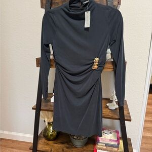 Anthropologie Ruched Mini Dress Petite XXS Black Charcoal Gold Detail NWT